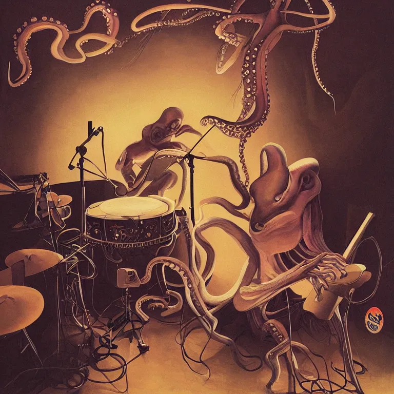 Prompt: a beautiful painting by etam cru of an octopus playing drums and telecaster guitar in an electronic concert, dark background, concert light, dark mood, warm lights