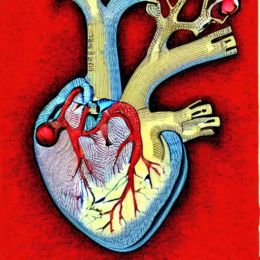 Prompt: anatomically correct human heart with atria, ventricles and aorta, medical textbook diagram, jackson pollock painting