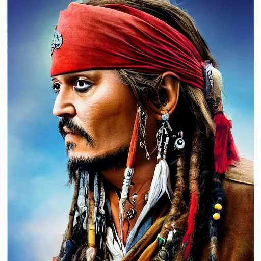 Image similar to johnny depp as jack sparrow with a parrot on the shoulder, realistic portrait, 8k resolution, hyper detailed, studio lighting, cinematic