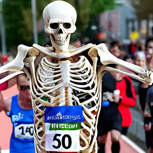 Image similar to A skeleton winning a marathon