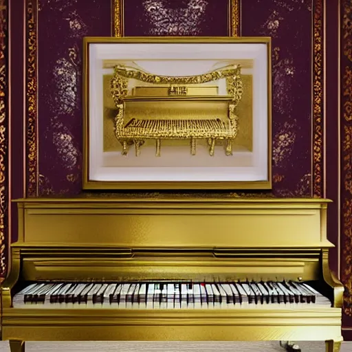 Image similar to piano room with golden vinyl hanging on walls, 8 k, digital art.