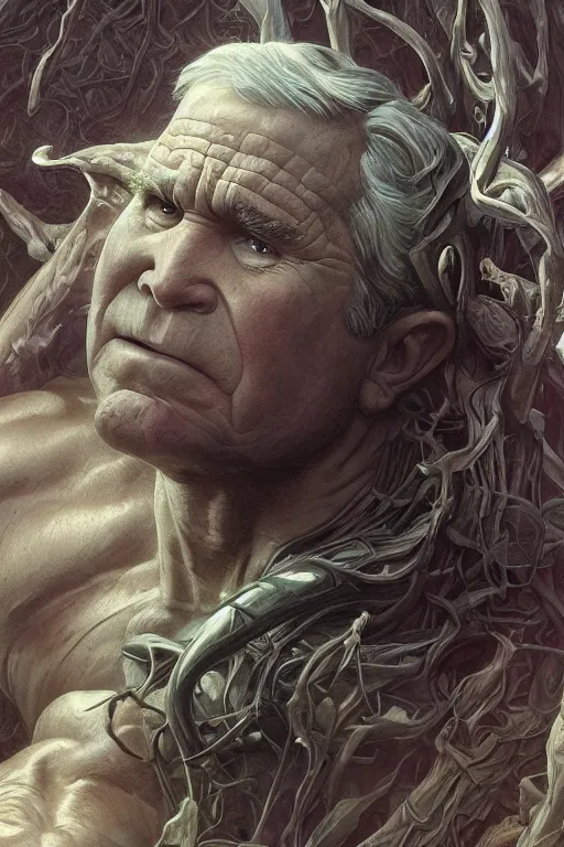 Image similar to portrait of george w bush as a hulking herculean demon, forest, godlike, full body, fantasy, intricate, elegant, highly detailed, digital painting, artstation, concept art, sharp focus, illustration, art by artgerm and greg rutkowski and alphonse mucha