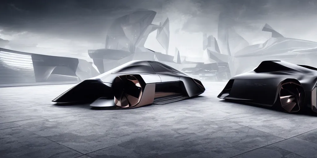 Image similar to a design of a futuristic vehicle, designed by Polestar, blade runner background, brushed rose gold car paint, black windows, dark show room, dramatic lighting, hyper realistic render, depth of field