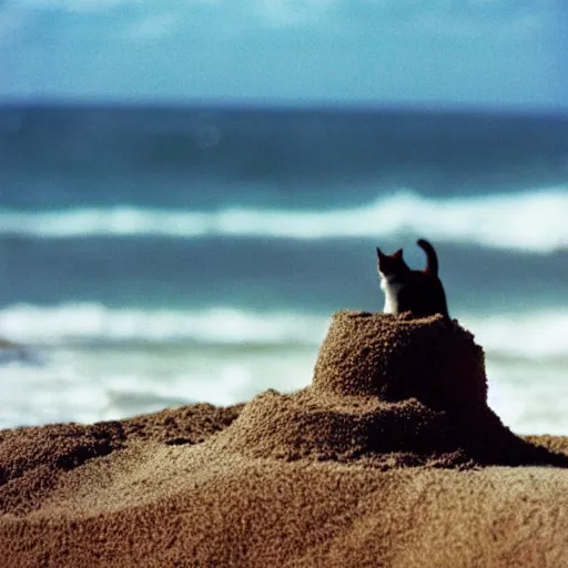 Image similar to photo of cat making a sand castle on the beach, cinestill, 8 0 0 t, 3 5 mm, full - hd