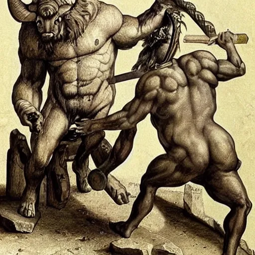 Prompt: beautiful photo of a minotaur, greek minotauros, minos bull, in greek mythology, a fabulous monster of crete that had the body of a man and the head of a bull seating on a barber stool in a barber shop