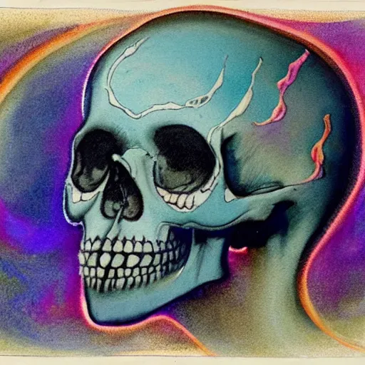 Prompt: A beautiful body art of a skull that is part organic, part mechanic. It is an accurate representation of how the artist sees the world. warm blue by Marjorie Miller unified, kaleidoscopic