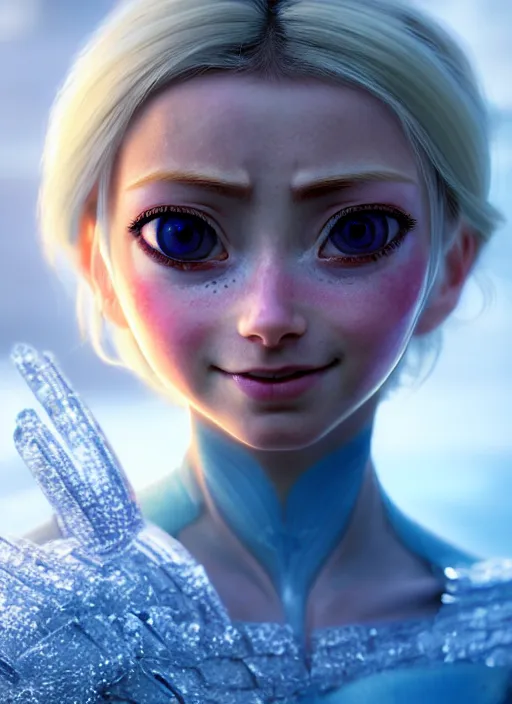 Image similar to Alita as Elsa, au naturel, hyper detailed, digital art, trending in artstation, cinematic lighting, studio quality, smooth render, unreal engine 5 rendered, octane rendered, art style by klimt and nixeu and ian sprigger and wlop and krenz cushart