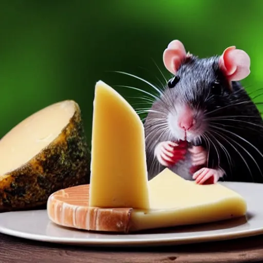 Prompt: a very cute rat happily holding cheese on a plate