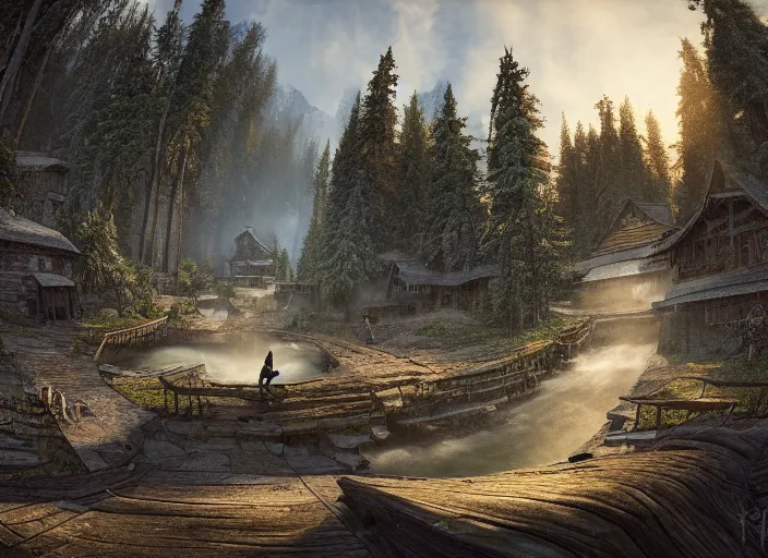 Image similar to a detailed beautiful matte painting of a skateboarder, kick flip, fantasy Riverwood village from The Elder Scrolls V: Skyrim, log homes, dirt road, trees by Mikko Lagerstedt and Raphael Lacoste, fisheye lens