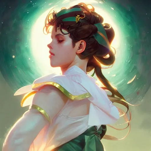 Image similar to Sailor Jupiter, fantasy, intricate, elegant, highly detailed, digital painting, artstation, concept art, matte, sharp focus, illustration, art by Artgerm and Greg Rutkowski and Alphonse Mucha