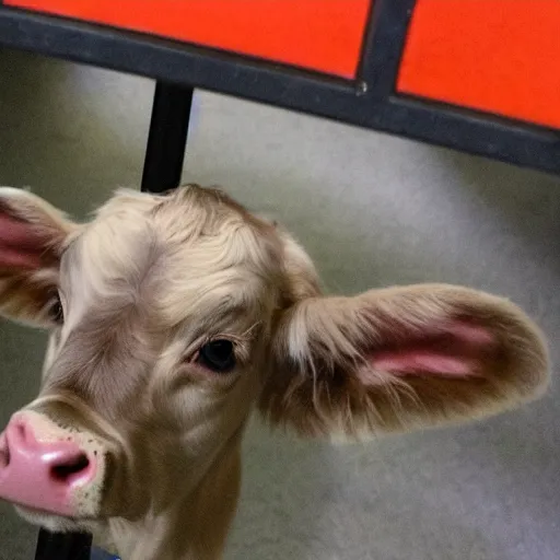 Prompt: jailphoto of a cute calf dressed as an inmate inside jail