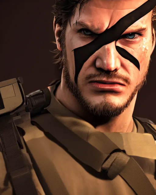 Image similar to solid snake portrait, cinematic lighting, anguished crying screaming yelling, mouth open, black atmospheric background, 4 k photography hdr