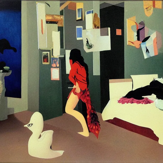 Image similar to female emo art student in her apartment, painting of flood waters inside an artist's feminine bedroom, a river flooding indoors, pomegranates, pigs, ikebana, water, octopus, river, rapids, waterfall, black swans, canoe, berries, zen, acrylic on canvas, surrealist, by magritte and monet