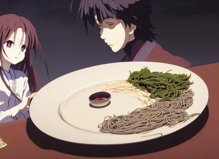 Image similar to a film still portrait of a plate with soba and udan, finely detailed features, closeup at the food, perfect art, at a dinner table, gapmoe yandere grimdark, trending on pixiv fanbox, painted by greg rutkowski makoto shinkai takashi takeuchi studio ghibli, akihiko yoshida