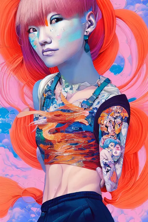 Image similar to a award winning half body portrait of a beautiful woman in a croptop and cargo pants with ombre orange blue teal hairstyle with head in motion and hair flying by yoshii chie and hikari shimoda and martine johanna and will eisner, outrun, vaporware, digital art, trending on artstation, highly detailed, fine detail, intricate