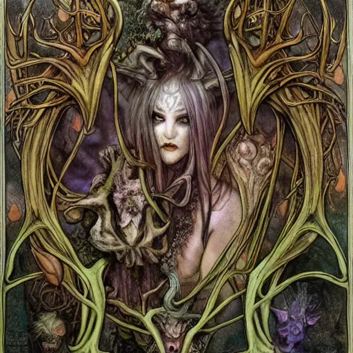 Prompt: a clothed monsterous scary inhuman group of unseelie with animal features including antlers by brian froud with art nouveau influence