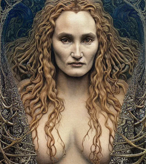 Image similar to detailed realistic beautiful young jessica lange as queen of mars face portrait by jean delville, gustave dore and marco mazzoni, art nouveau, symbolist, visionary, gothic, pre - raphaelite. horizontal symmetry by zdzisław beksinski, iris van herpen, raymond swanland and alphonse mucha. highly detailed, hyper - real, beautiful