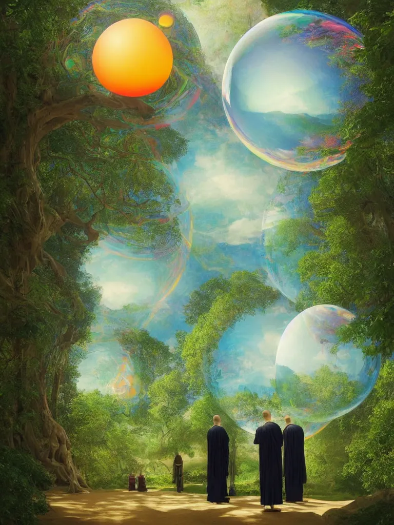 Image similar to neurograph, very very beautiful landscape, an echo a rainbow and a dream, monks praying in a temple forest through a spherical lens, surrealism, intricate, elegant, highly detailed, digital painting, trending on artstation, concept art, sharp focus, by rene magritte, moebius