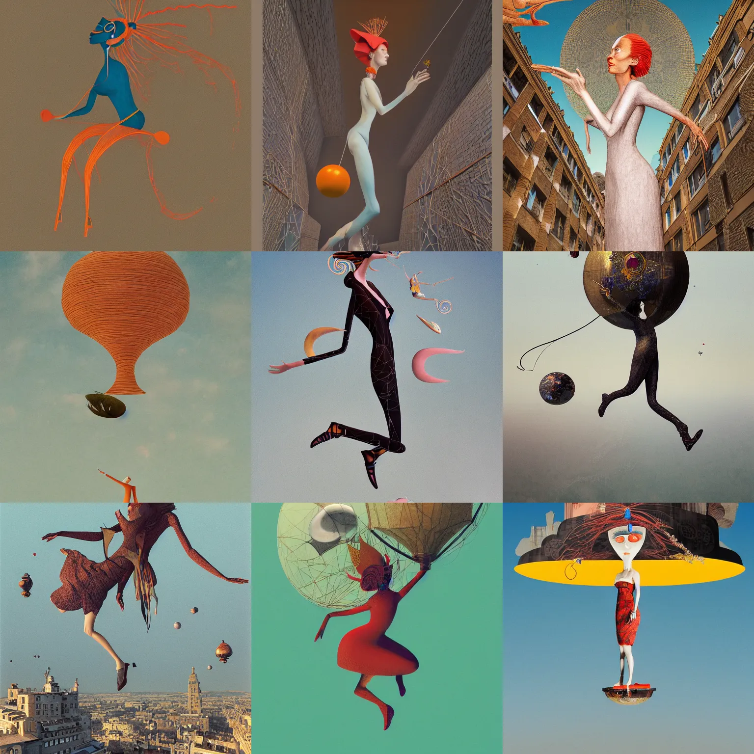 Prompt: beautiful woman hovering straight up in the air, surrealist, dada, by mattias adolfsson, by max ernst, by leonora carrington, by james jean, by saul bass, octane renderer, 8 k