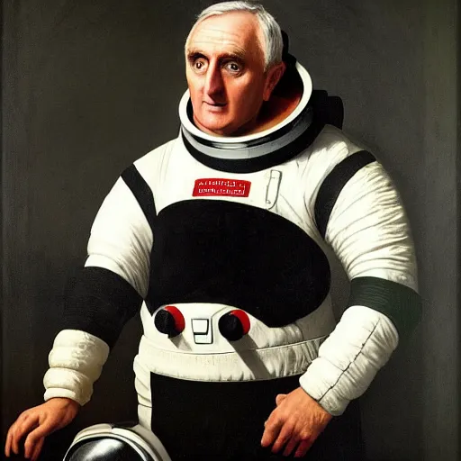 Image similar to Bertie Ahern wearing an astronaut helmet, painted by Caravaggio