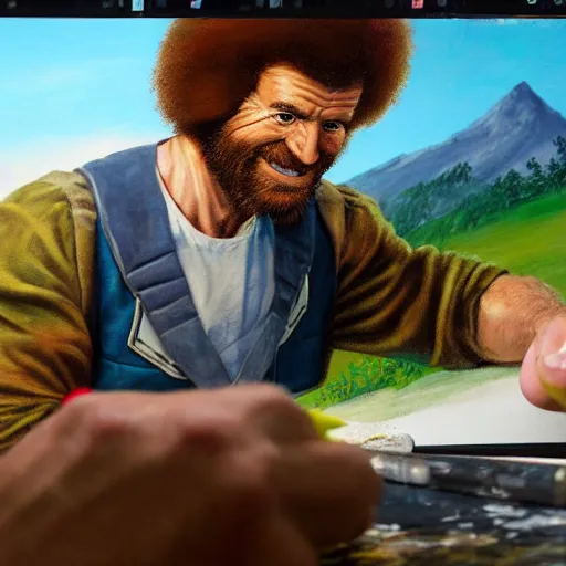 Image similar to a closeup photorealistic photograph of bob ross working on a canvas painting of captain america. happy trees, mountain scape. film still. brightly lit scene. this 4 k hd image is trending on artstation, featured on behance, well - rendered, extra crisp, features intricate detail, epic composition and the style of unreal engine.