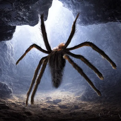 Prompt: giant tarantula attacking humans in cave. cave covered in spider webs, dark fantasy, liminal space, dark paradise, digital art, 4 k