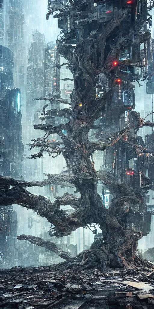 Image similar to an ancient tree destroying a dystopian city, cyberpunk, sharp focus, dynamic lights, still, photograph, hyper realistic, masterpiece, octane render, rendered, 3 d, cinematic, cinematic lighting, dramatic lighting, highly detailed, intricate details, texture, cinematic composition, wide shot, by donglu yu and kevin jick and eddie del rio