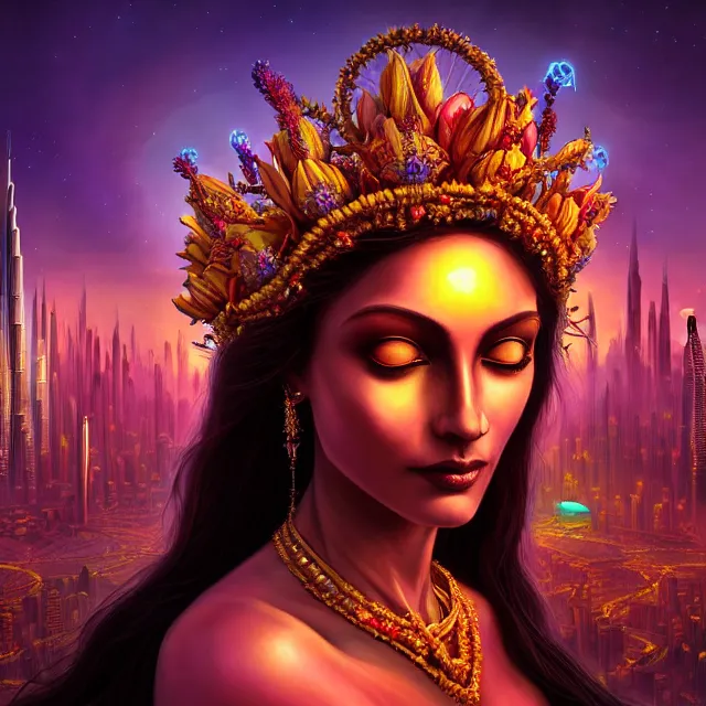 Image similar to Beautiful 3d render of the flower queen goddess in a sensual pose, centered, symmetry, with the third eye on her forehead, painted, intricate, volumetric lighting, beautiful, rich deep colours masterpiece, sharp focus, ultra detailed, in the style of Dan Mumford and marc simonetti, with a clear crowded futuristic cyberpunk dubai city in the background, astrophotography