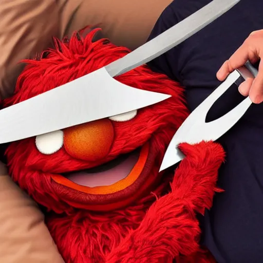 Image similar to elmo holding a bloody knife, standing over a sleeping woman, forced perspective, tv still