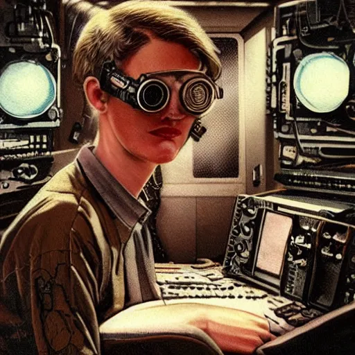 Prompt: tattooed stoic heroic emotionless butch blond woman engineer, awkward and anxious, victorian goggles, very short slicked - back hair, control room of the nostromo - volumetric lighting - alien 1 9 7 9, wlop, james jean, victo ngai! muted colors, very detailed, craig mullins, thomas kinkade cfg _ scale 8