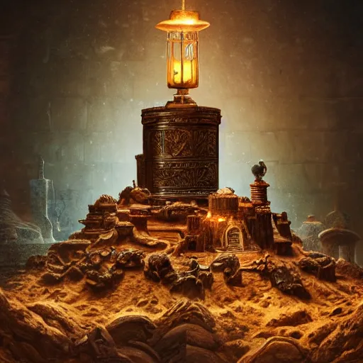 Prompt: epic view of an ancient dark byzantine interior, ornate oil lamp on a pile of crystals, books covered in jewels, ornate, surrounded by strange statues and treasure, full of sand and dust, hyper real, Indiana Jones, Tomb Raider, trending on artstation, concept art, cinematic, jewels, by Greg Rutkowski