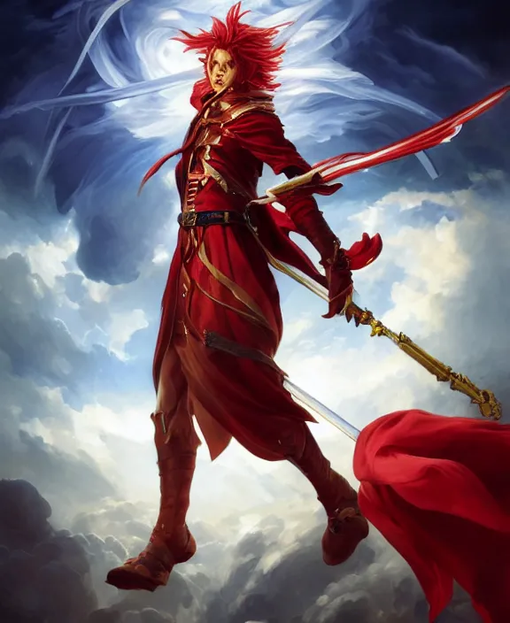 Image similar to A lifelike Portrait of a boisterous Red Mage wearing striped shining armor holding a staff of power surrounded by an epic cloudscape. The Magus Omega . Red Wizard. Morpheus. masterpiece. Symmetrical facial features. 4k digital illustration. by Ruan Jia and Artgerm and Andreas Rocha and William-Adolphe Bouguereau and Jean-Baptiste de Champaigne. award winning, Artstation, intricate details, realistic, Hyperdetailed, 8k resolution. Concept Painting. Key Art
