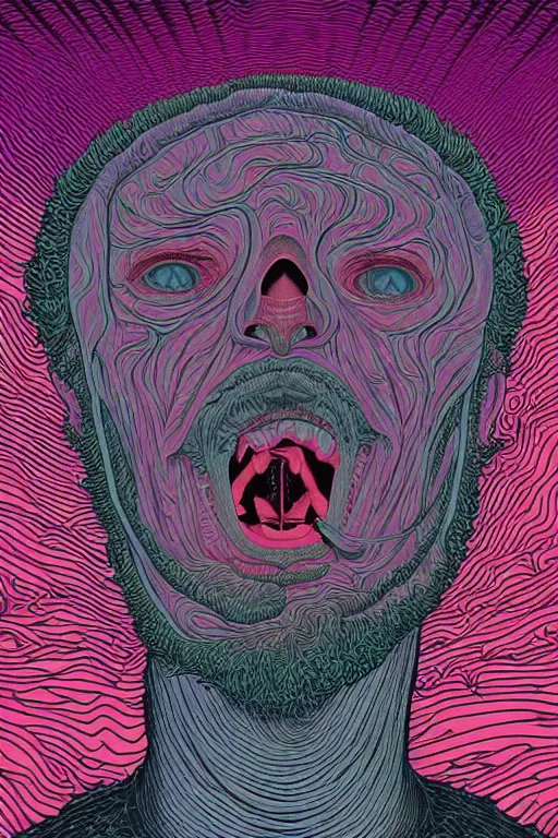 Prompt: man eats a tab of LSD acid on his tongue and dreams psychedelic hallucinations, screenprint by kawase hasui, alex grey and dan hillier, colorful flat surreal design, hd, 8k, artstation