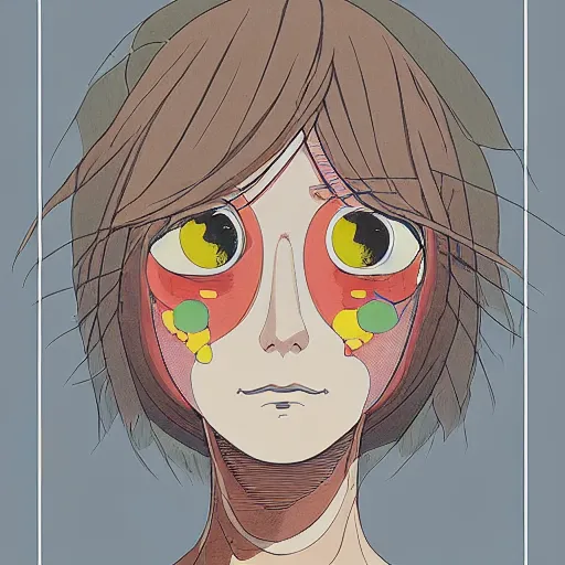 Prompt: prompt: Fragile looking flat colors portrait face drawn by Katsuhiro Otomo and Suehiro Maruo, inspired by Paprika anime, animation clean film, magical and alchemical objects on the side, soft light, white background, intricate detail, intricate ink painting detail, sharp high detail, manga and anime 2000