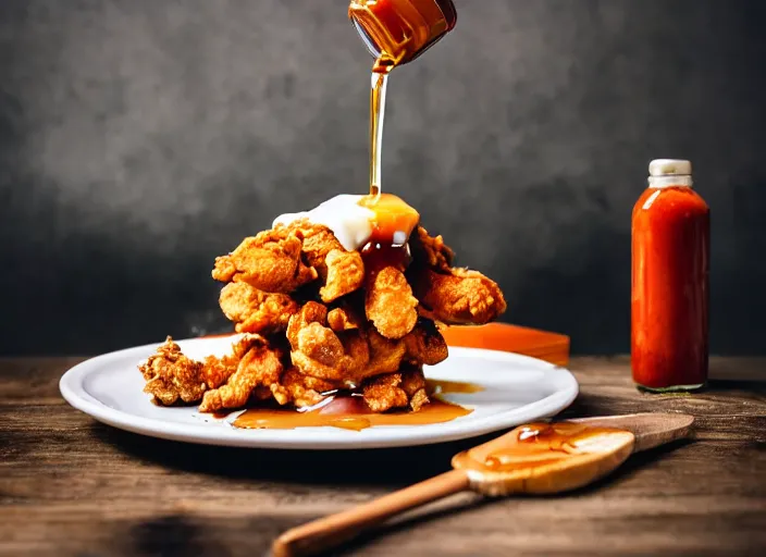 Image similar to dslr food photograph of a belgian waffle with fried chicken on top drizzled with maple syrup and a bottle of hot sauce on the side, 8 5 mm f 1. 8