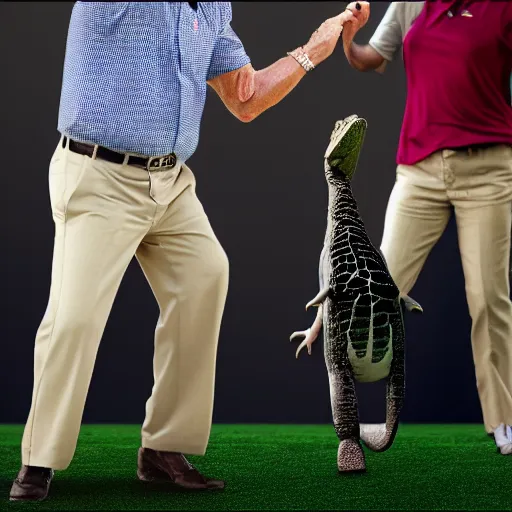 Image similar to Steve Spurrier dancing with an alligator, high detail, photo realistic, rendered 8k