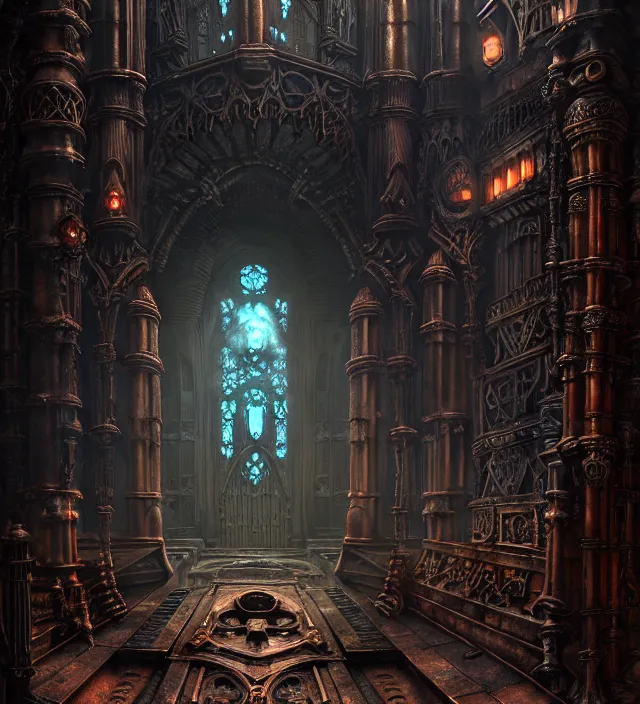 Image similar to steam necropolis, memento mori, gothic, neo - gothic, art nouveau, hyperdetailed copper patina medieval icon, stefan morrell, philippe druillet, ralph mcquarrie, concept art, steampunk, unreal engine, detailed intricate environment, octane render, moody atmospherics, volumetric lighting, ultrasharp, ominous, otherworldly