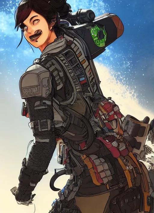 Prompt: Trex as an Apex Legends character digital illustration portrait design by, Eiichiro Oda detailed, gorgeous lighting, wide angle action dynamic portrait