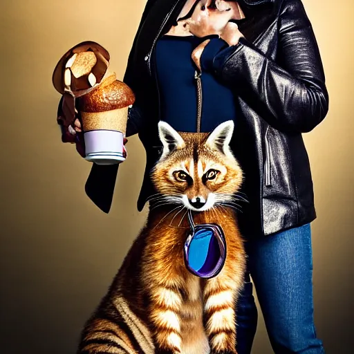 Image similar to a photo by arbus of a slender beautiful woman with straight ginger hair and bangs, wearing purple leathers and gold helmet, posing with large ginger tabby and raccoon on a motorcycle in front yard, holding coffee mug and toasted brioche bun, fashion photography, dramatic lighting, 8 5 mm lens