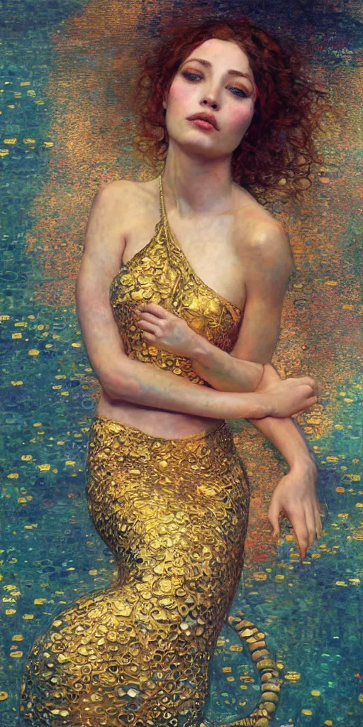 Prompt: an intricate portrait painting of an artistic pose young beautiful mermaid, klimt golden motives and textures, hyper - detailed, octane render, vivid colors, artstation, by jeremy mann, by gustav klimt