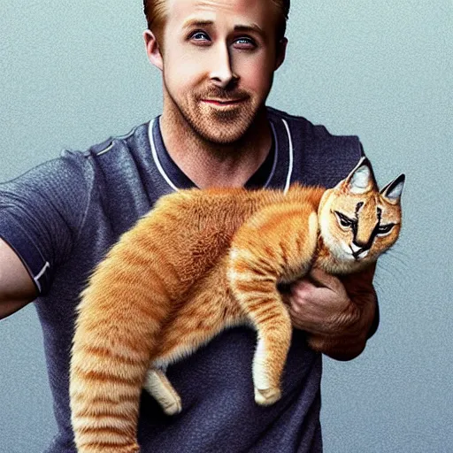 Image similar to Ryan Gosling holds a caracal cat in his hands, ultra highly detailed, smooth, sharp focus, elegant, artstation