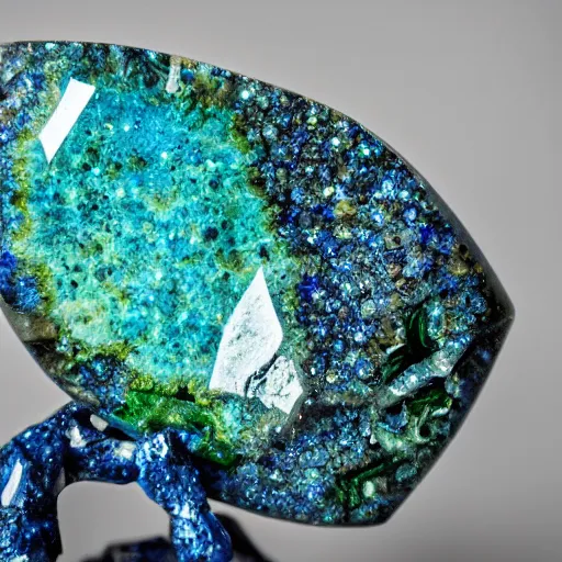 Prompt: large crystal. organic and complex shape. shot at a perspective. grey background. vibrant blue azurite and green malachite. swordlike crystals. photo realistic. intricate. hyper detailed.