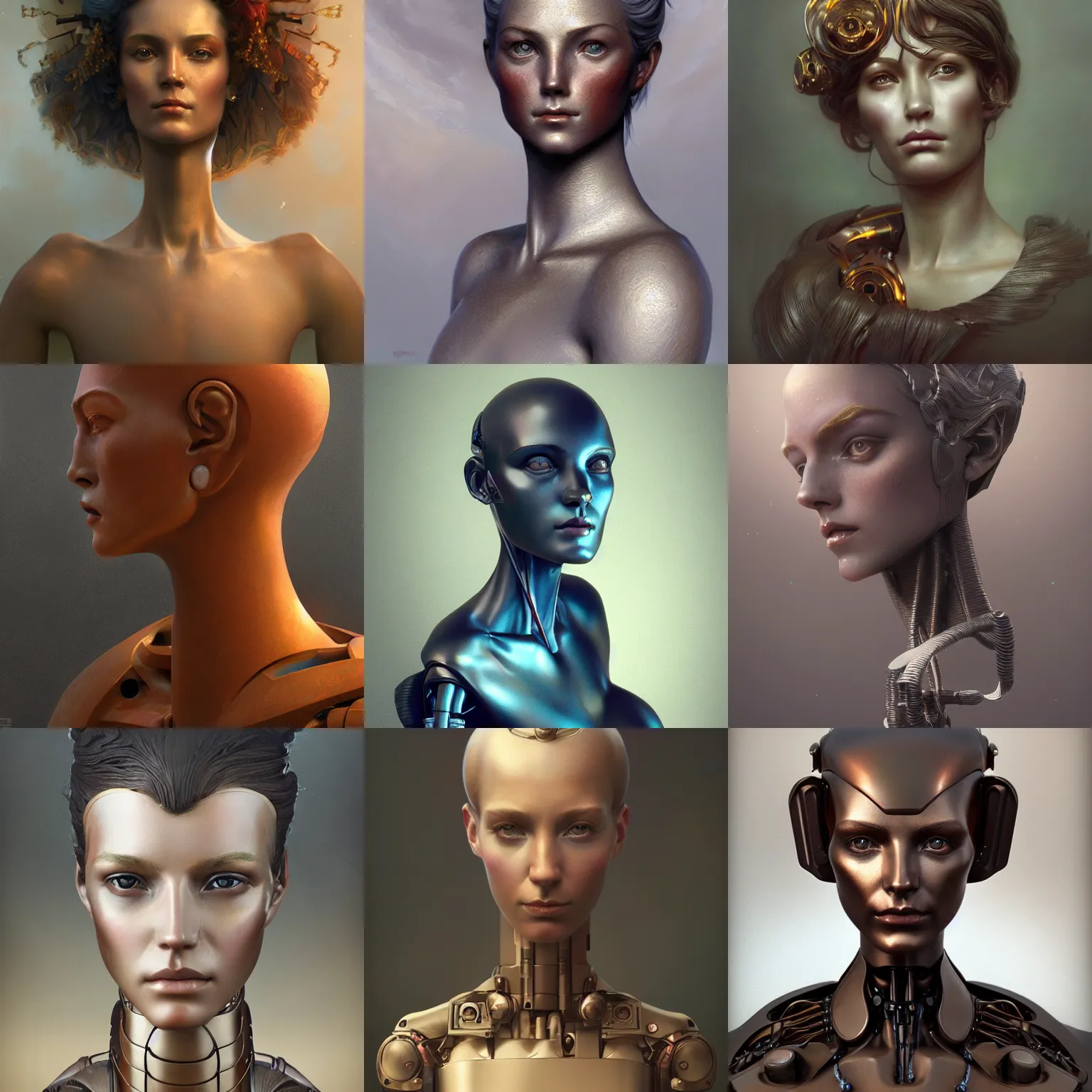 Prompt: bust sculpture portrait of a beautiful androgynous robot by charlie bowater, mandy jurgens, gustav klimt, octane render, 4k, high detail, by tom bagshaw, powerful, vivid