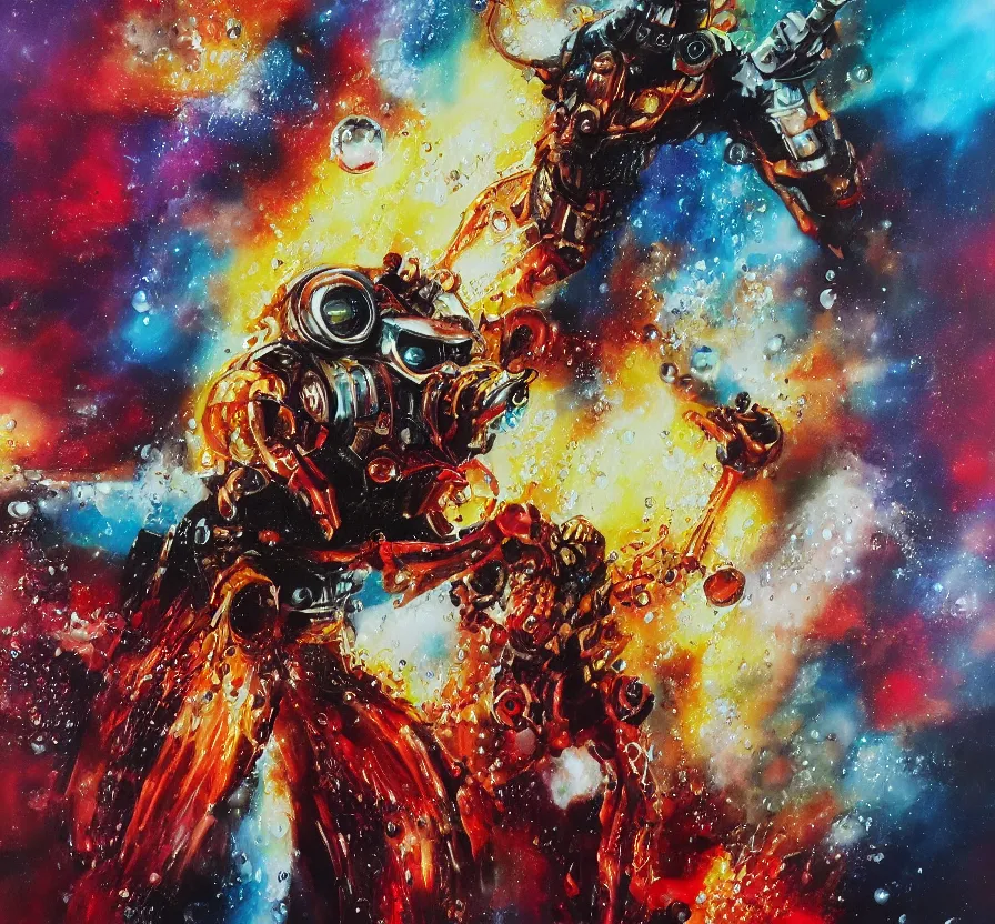 Image similar to exterminatus on earth, painting on canvas, watedrops, water droplets, acrylic painting, acrylic pouring, painting, influencer, artstation