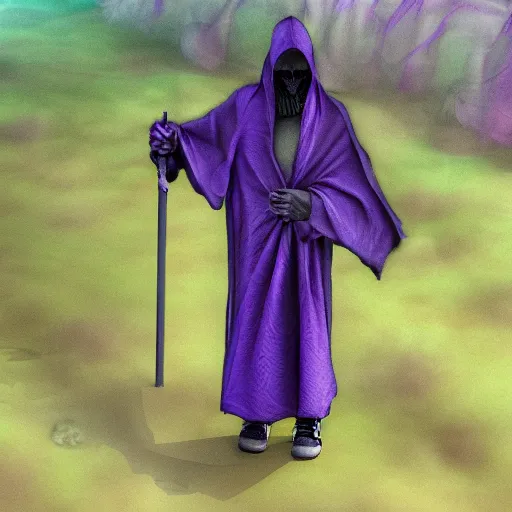 Image similar to grim reaper, purple cloak, scary