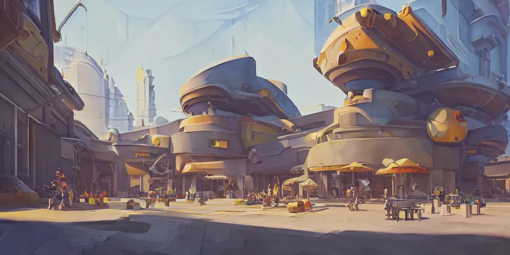 Prompt: overwatch building, stylized, exterior, architecture, in watercolor gouache detailed paintings, insanely detail, artstation, 8 k, futuristic, big medium small, arcane, simon stalenhag, food stall, interesting shapes & form, golden ratio, megastructures, vitaly bulgarov, mall