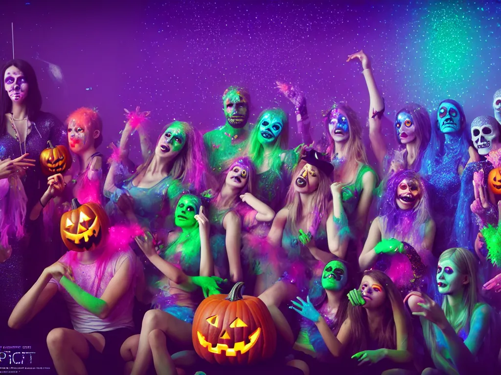 Image similar to Halloween Costume Living room Party , Confetti Streamers Glitter Blacklight UV Fantasy Hyper detailed digital matte painting, concept art, hyperrealism, Cinema 4D, 8k resolution, 64 megapixels, coherent, bokeh, CGSociety, ZBrush Central, behance HD, hypermaximalist, a masterpiece, 4K.