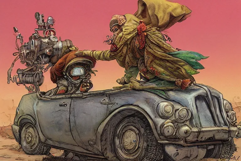 Image similar to a highly detailed garden gnome wearing goggles and head scarf hanging off the back of a car in full speed, wasteland, wide angle, an ultrafine detailed painting by p. craig russell and barry windsor - smith, trending on deviantart, octane, masterpiece