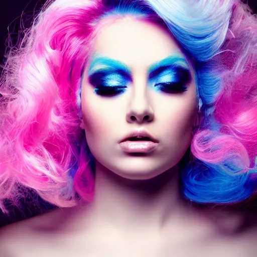 Prompt: a dramatic photo of a beautiful woman with cotton candy hair. with a little bit of cyan and pink