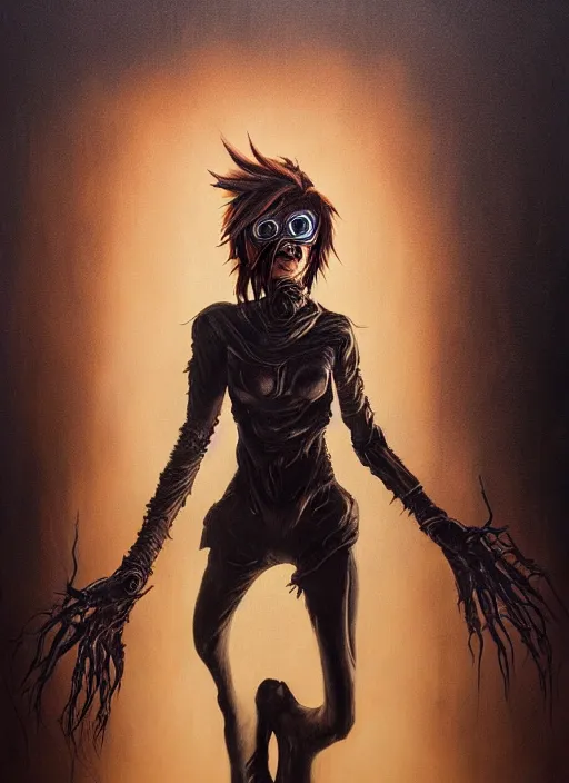 Image similar to dark portrait painting of tracer from overwatch, in style of zdzisław beksinski, scary, horror, 4 k, feminine facial features, overwatch tracer character, horror, body horror, disturbing, detailed face, dressed in dark garment, black tendrils, tall,